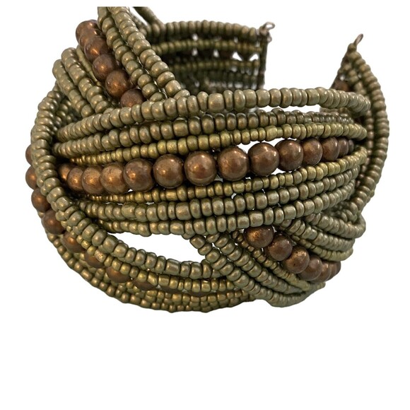 Open Cuff Bracelet Olive Green Bronze Seed Bead Braided Artisan Jewelry 7" - Picture 2 of 4